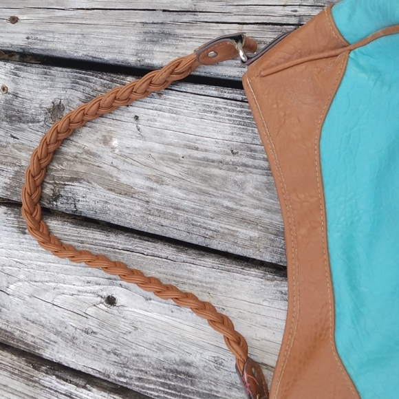 Rossetti Pleather Purse Teal and Tan with braided strap - Picture 5 of 7